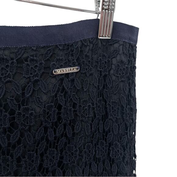 Marella Floral Lace Overlay Navy 100% Viscose Elegant Luxury Pencil Skirt Size 8